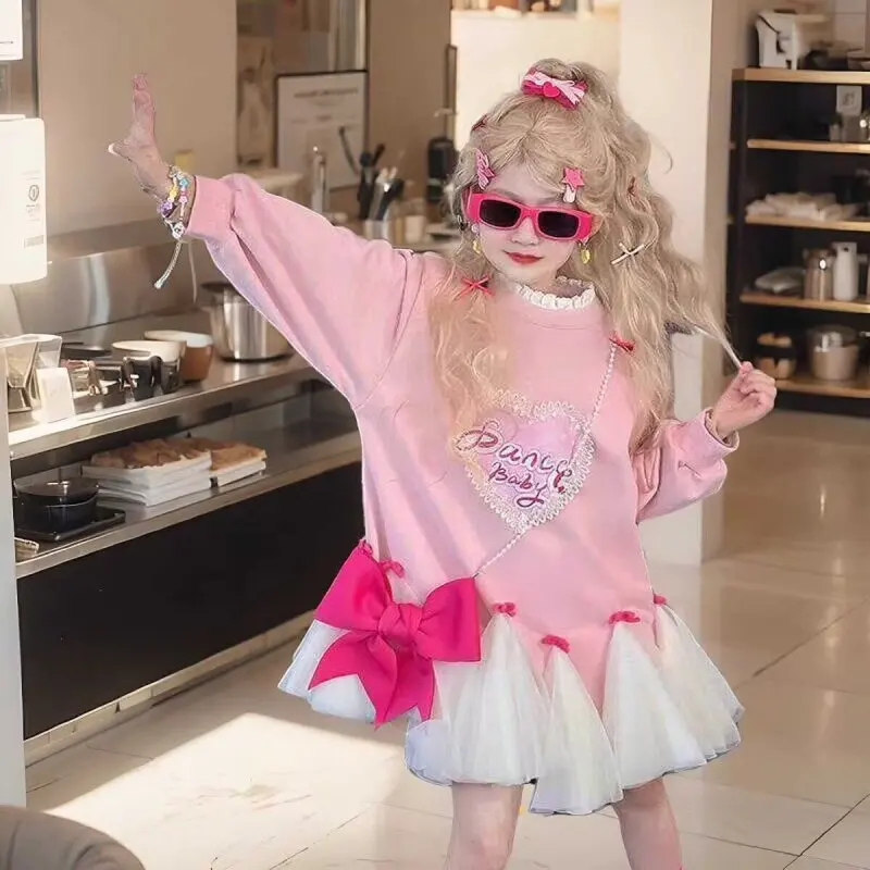 

Girls Mesh Long Sleeve Dress Children Round Neck Lace Bow Princess Dress 4-13Years Old Baby Dresses