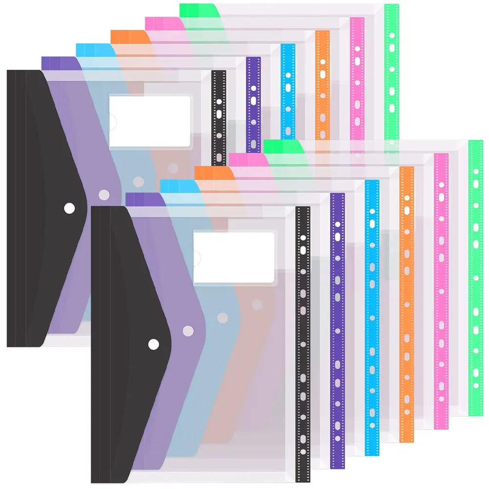 12pcs Six-Color File Organizer, 11-Hole Plastic Expanding Folder for 2/3/4 Ring Binders with Snap Closures and Blank Labels.