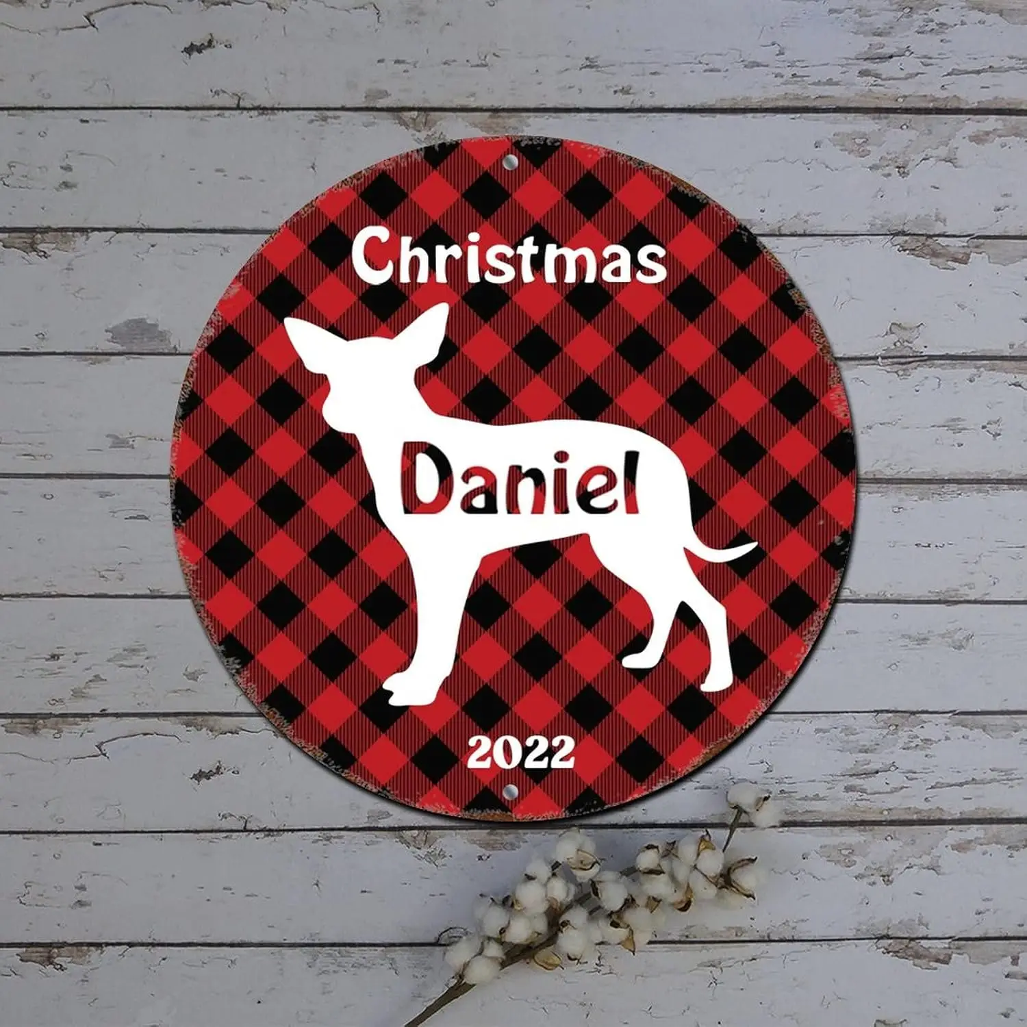 Merry Christmas Wreath Sign Custom Dog Name Buffalo Plaid Dog Lover Round Metal Tin Sign Christmas Indoor Decorations Shabby Met