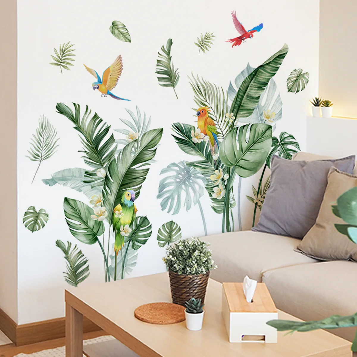Tropical Green Leaves Plant Bird Living Room Bedroom Wall Decorative Wall Stickers Turtle Back Leaf Sticker Home Decor Art Mural