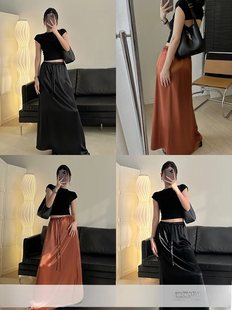 

MUCCHIC Acetate Satin Belted Draped Smooth Faionable A-Line Long Skirt High Waist Simple Commute Sle Pure Color Summer 2023