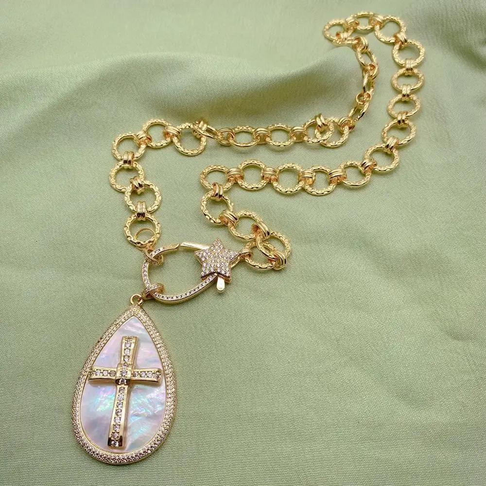 Y·YING Natural White Sea Shell Cz Pave Crucifix Pendant Gold Plated Chain Necklace