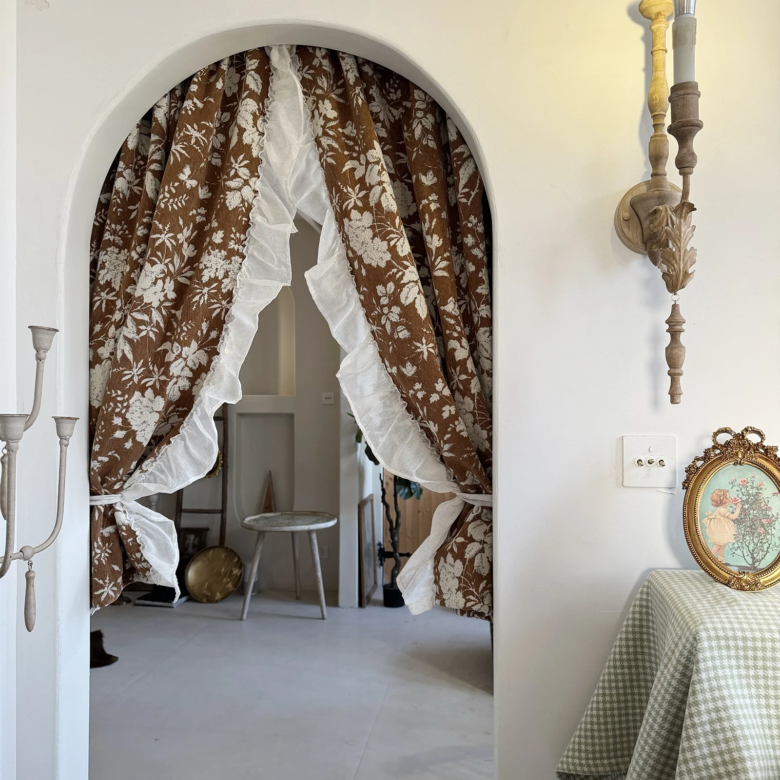 Half-Acre Autumn Vine American Vintage Tiramisu Caramel Coffee Door Curtain Rod-Pocket No-Drill Half Curtain