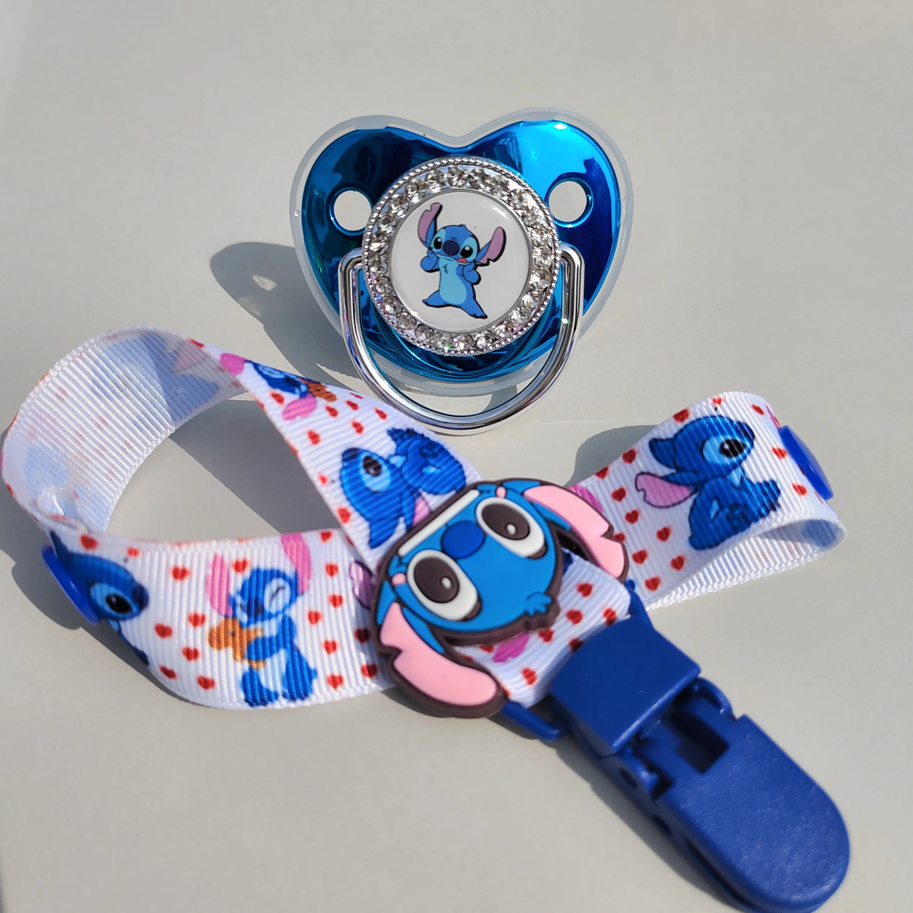 Disney Kawaii Accessories Stitch Cartoon Print Tetine Pacifier Clip Holder Infant Toys 0-18 Months Chew Necklace Sensory Tools