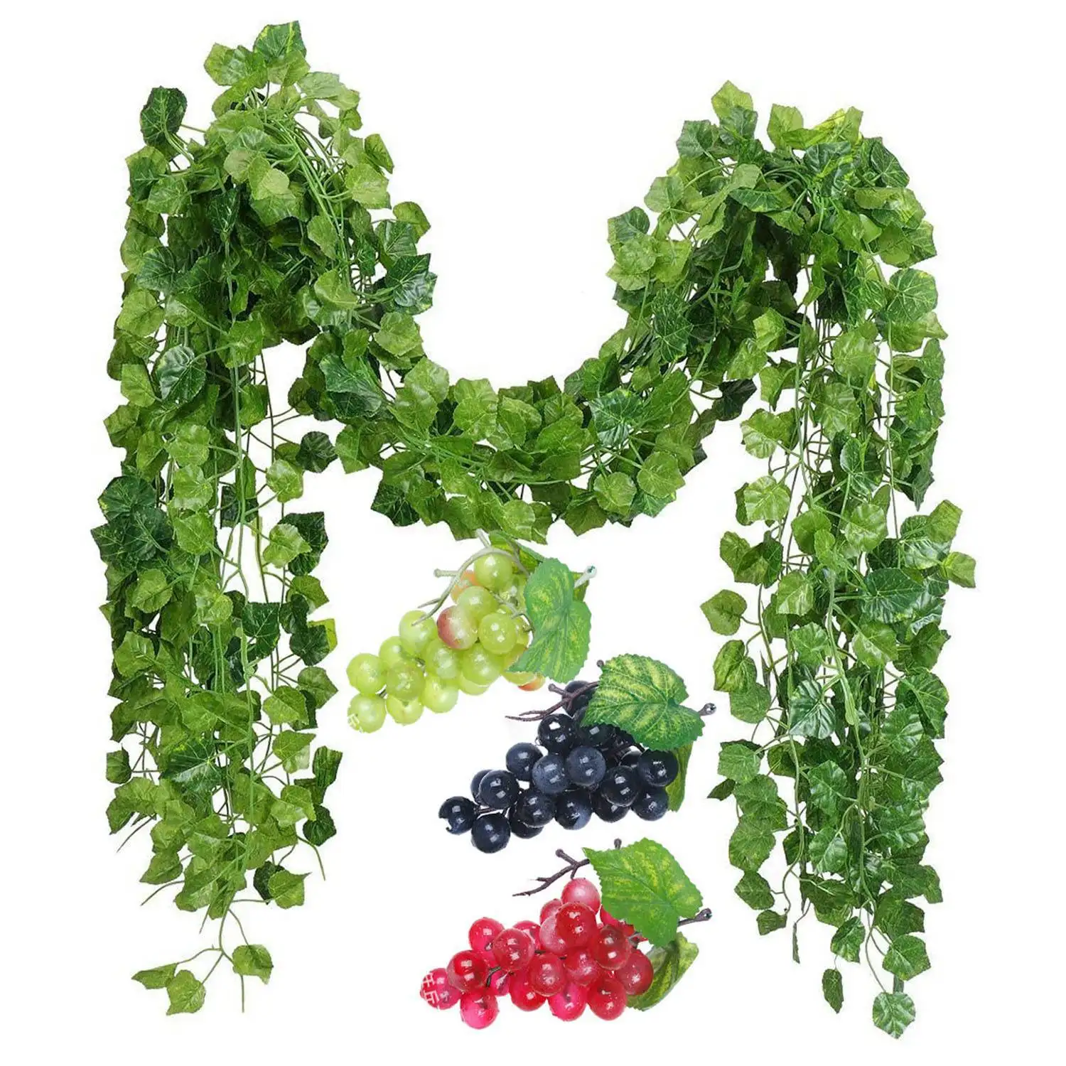 

12 Strands Artificial Fake Grape Vines Ivy Leaves with 3 Strings Grapes for Wedding Party Home Wall