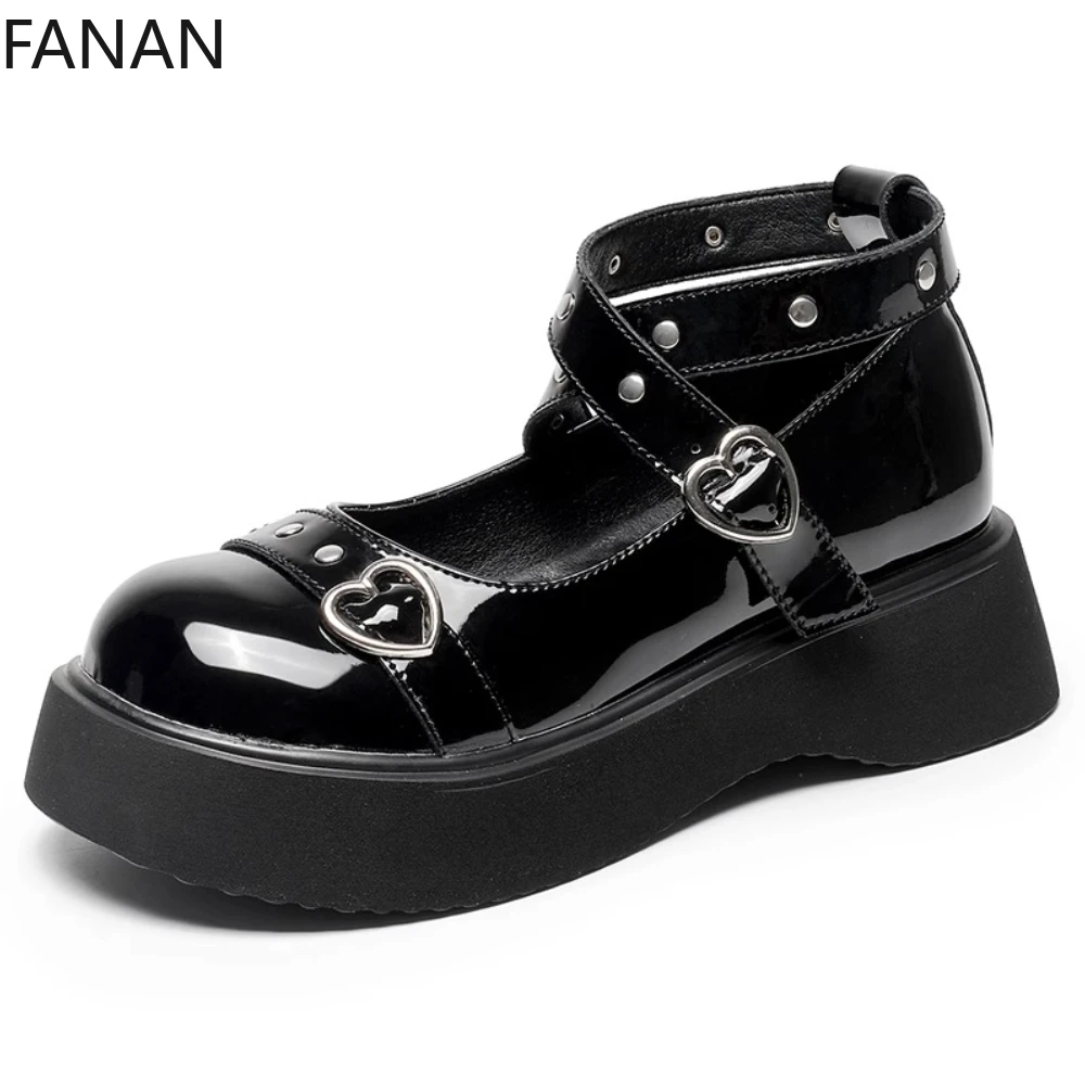 

Summer Platform Round Head Single Shoes Women's Lolita Mary Jane Shoes Patented Leather Black High Heels Waterproof Pumps