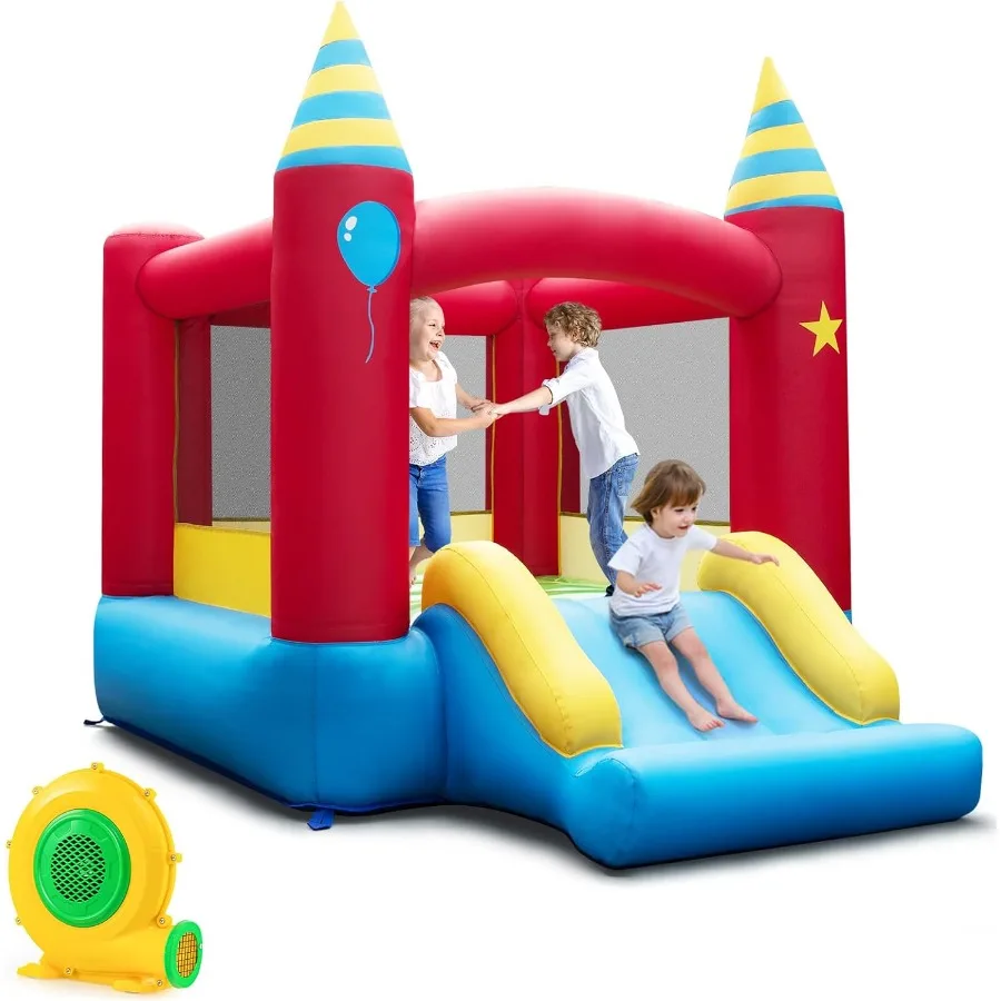 Casa inflable de rebote, casa hinchable para niños de 3 a 10 años, familia interior y exterior con gran área de salto, tobogán, soplador de 480w, mini hinchable