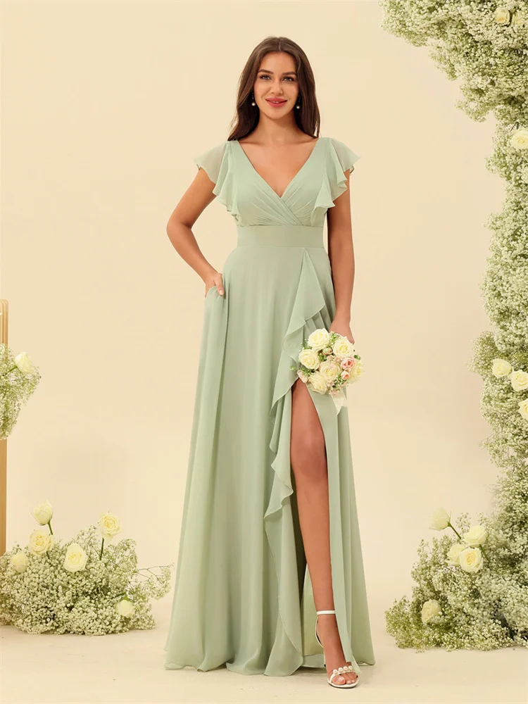 

Hot Selling V Neckline With Ruffles Chiffon A-Line Bridesmaid Dress Lace Up Back Floor Length Side Slit Gown For Wedding Guest