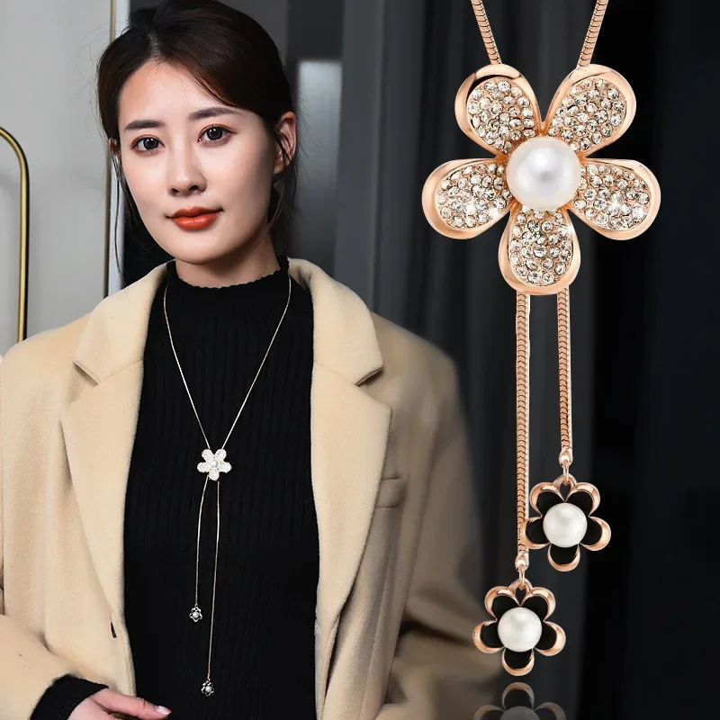 Новые осенне-зимние модные вязаные цепочки для свитеров, цветочные подвески и женские ожерелья с кисточками