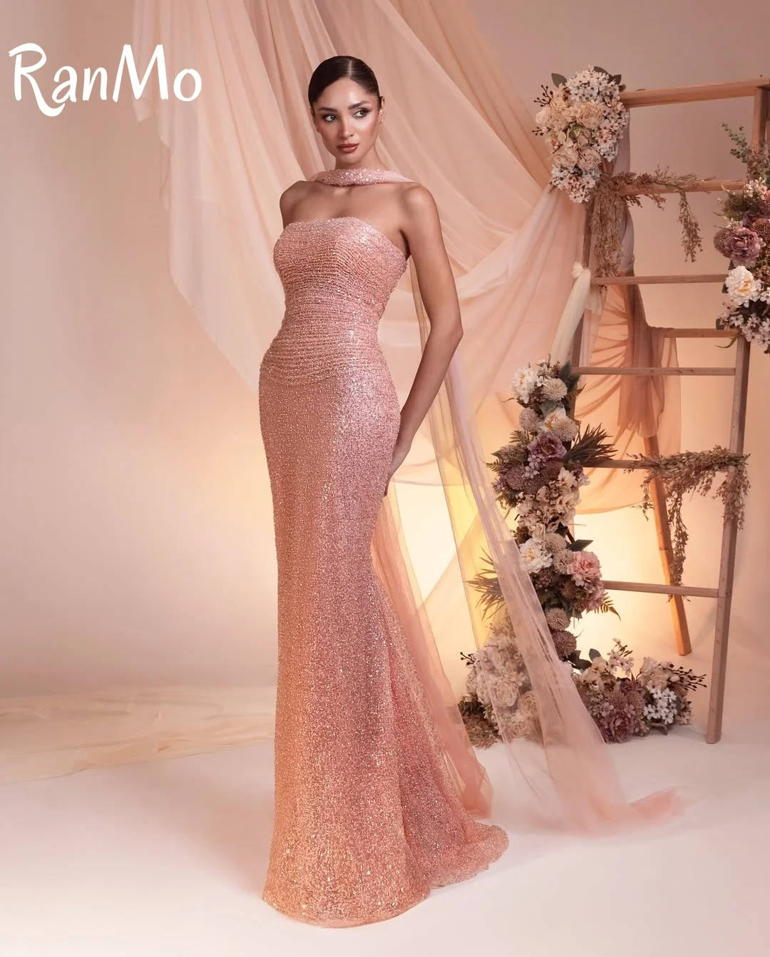 Ranmo 2025 espumante rosa sereia vestidos de noite árabe saudita até o chão fascinante vestido de baile vestidos de festa personalizados