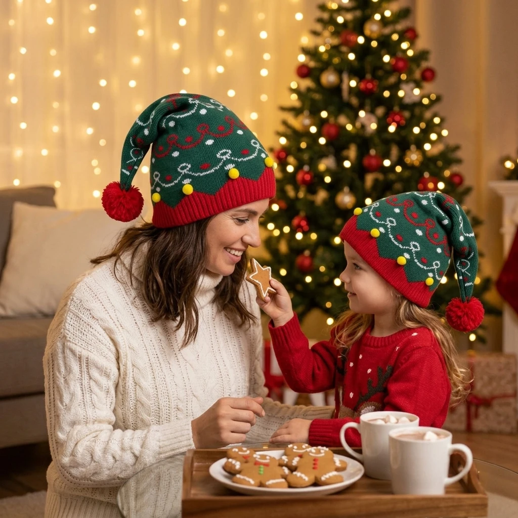 Christmas Knitted Beanie Hat For Adults And Children Soft Polyester Knit Santa Design Hat Navidad New Year Party Gifts 1 Pair