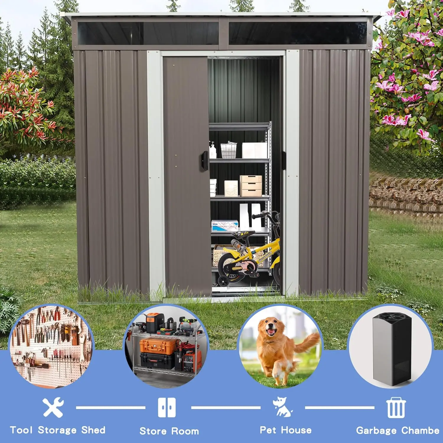 #6X5 FT Outdoor Storage Shed, Waterproof Metal Garden Sheds with Lockable Door, Steel Tool Storage Buildings Shed &, Customized