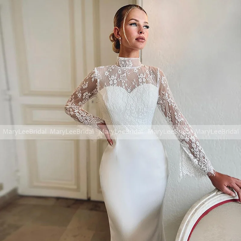 Sheer High Neck Mermaid Lace Wedding Dress with Long Sleeves Ivory Trumpet Spring Bridal Gown Made to Measure Vestidos De Novia