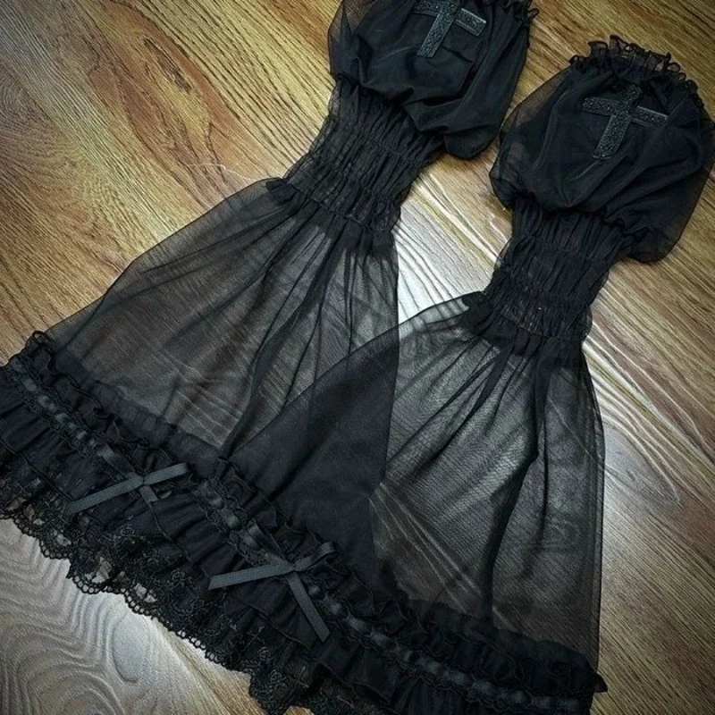Japanese Vintage Lolita Style Flare Sleeve Women Y2k Aesthetic Pleated Long Sleeves Harajuku Cross Sun Protection Long Sleeves