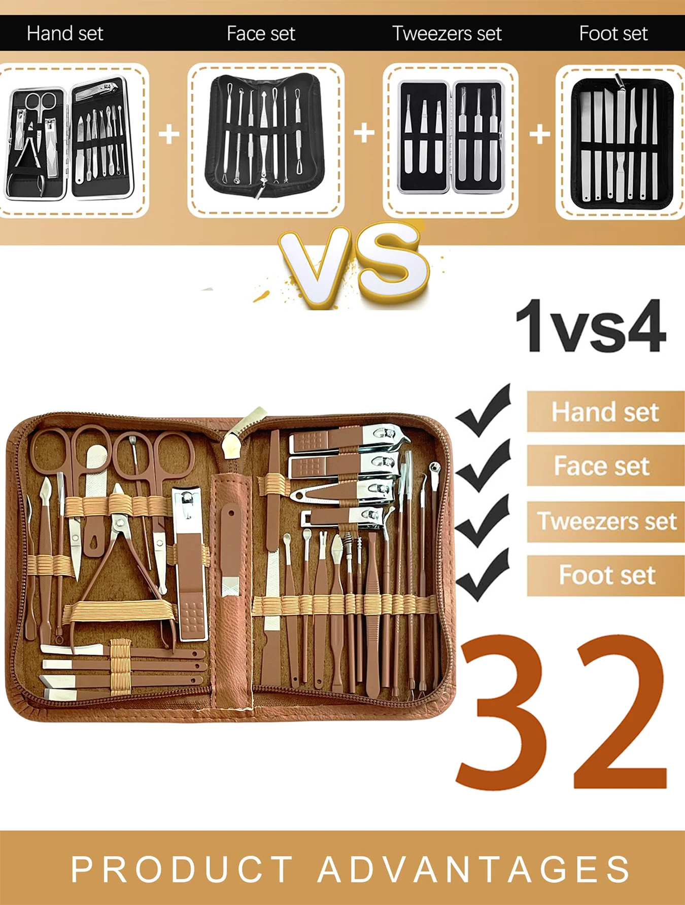 Nuovo set tagliaunghie da 32 pezzi marrone Set manicure strumento per la cura del piede tagliaunghie set tagliacapelli per sopracciglia con borsa da viaggio portatile con cerniera