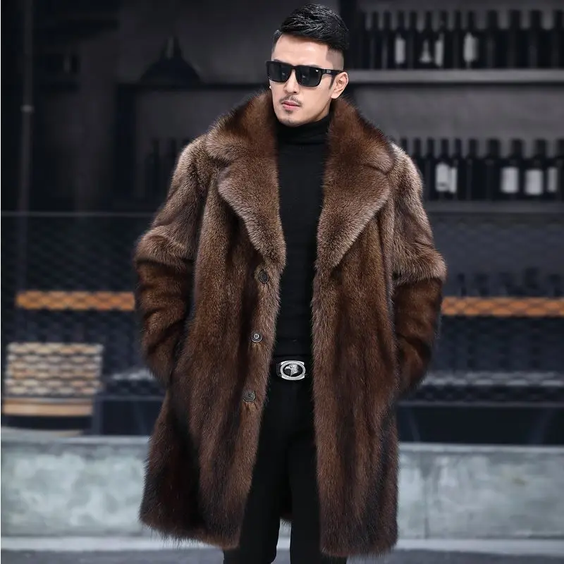 Men Long Faux Fur Coat Notched Lapel Single Breasted Luxury Thick Warm Winter Faux Fur Overcoat Formal Party Outerwear
