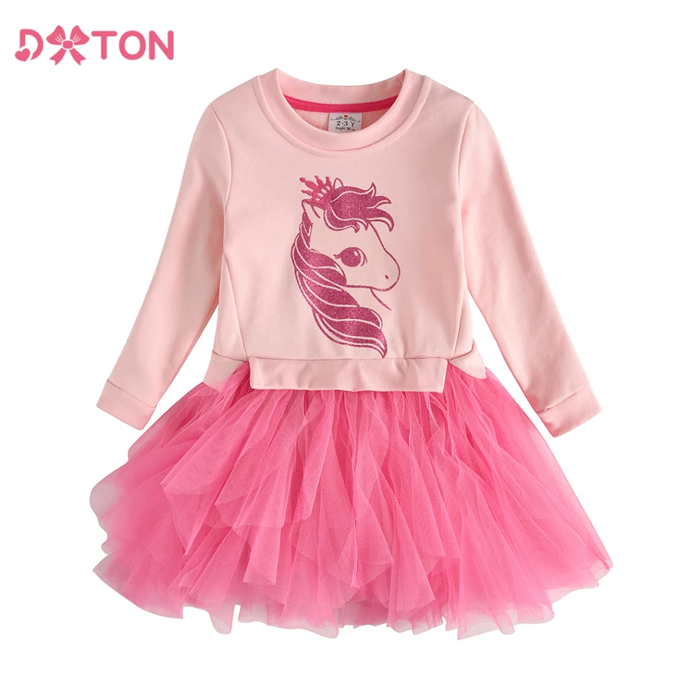 DXTON Baby Girls Thick Dresses Autumn Winter Girls Sweater Irregular Dress Unicorn Patchwork Cotton Children Princess Costumes