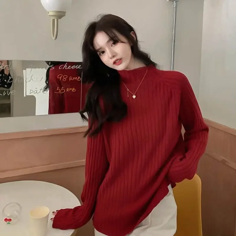 Korean Version Retro Half High Neck Base Knit Sweater for Women in Autumn and Winter Lazy and Loose Fitting Casual Top Outerwear