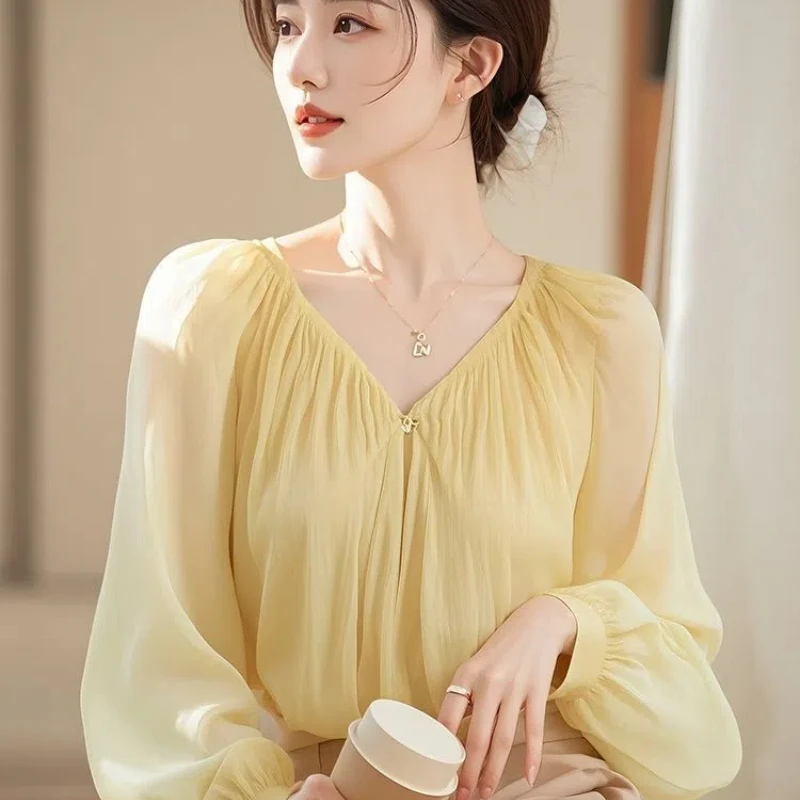 Unique and Beautiful Top with Loose and Lazy Style Yellow Chiffon Long Sleeved Small Fresh Shirt