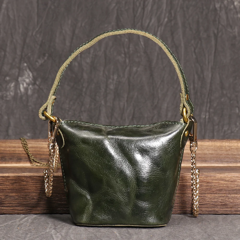 LUOKIR Genuine Leather Women's Chain Crossbody Bag Vintage Handheld Shoulder Bag Headphone Bag Top Layer Cowhide Coin Purse
