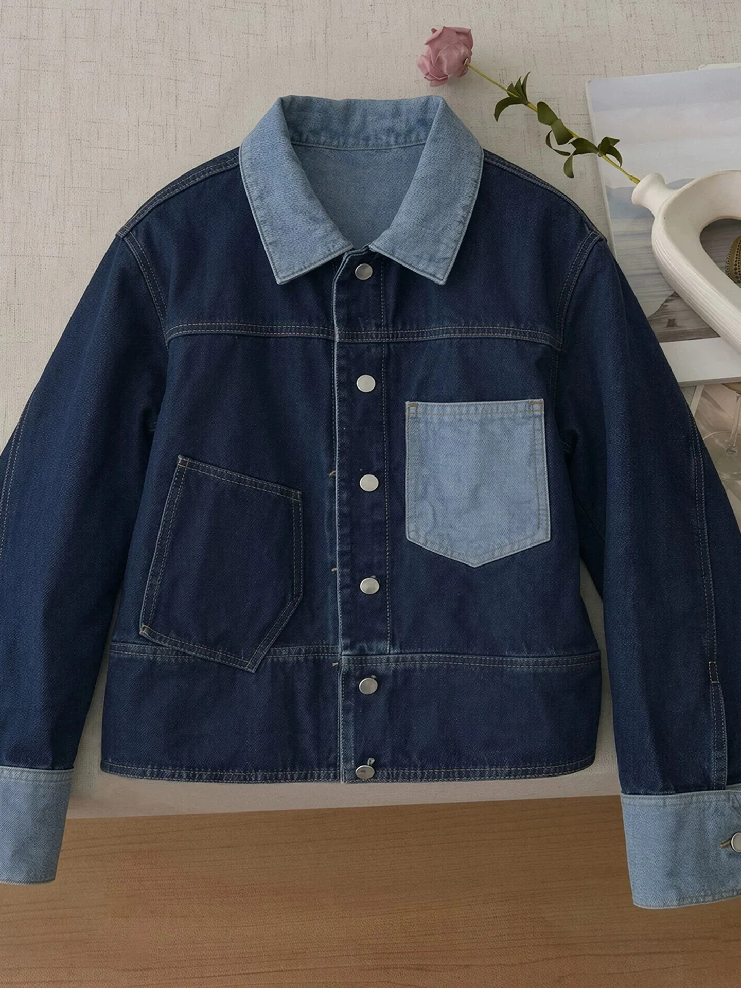 Retro Color Block Short Denim Jacket Women's Spring Autumn Design Sense Patchwork Casual Style Button up Top