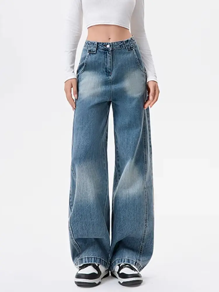 

Y2K американские ретро джинсы женские с высокой талией широкие брюки прямые трубки с лампочкой свободные джинсовые весенние брюки