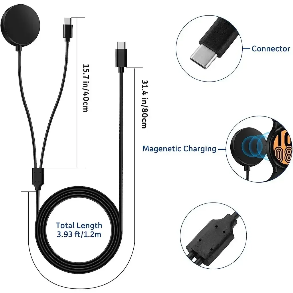 2 in 1 PD Type C Charger Cable for Samsung Galaxy Watch 6 /6 Classic/5 Pro/4/3/Active2/1,USB C Charging for S23 Ultra/S22/21/20