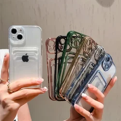 Electroplated Transparent Card Holder Wallet Case For iPhone 11 12 13 14 15 16 Pro Max Photo Pocket Shockproof Silicone Cover