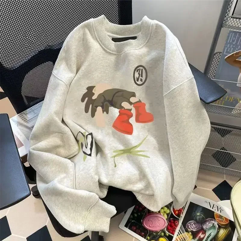 

Round Neck Sweater for Men and Women Hong Kong Style Cartoon Character Pure Cotton Loose Casual Coat Campus Pattern Clothing INS