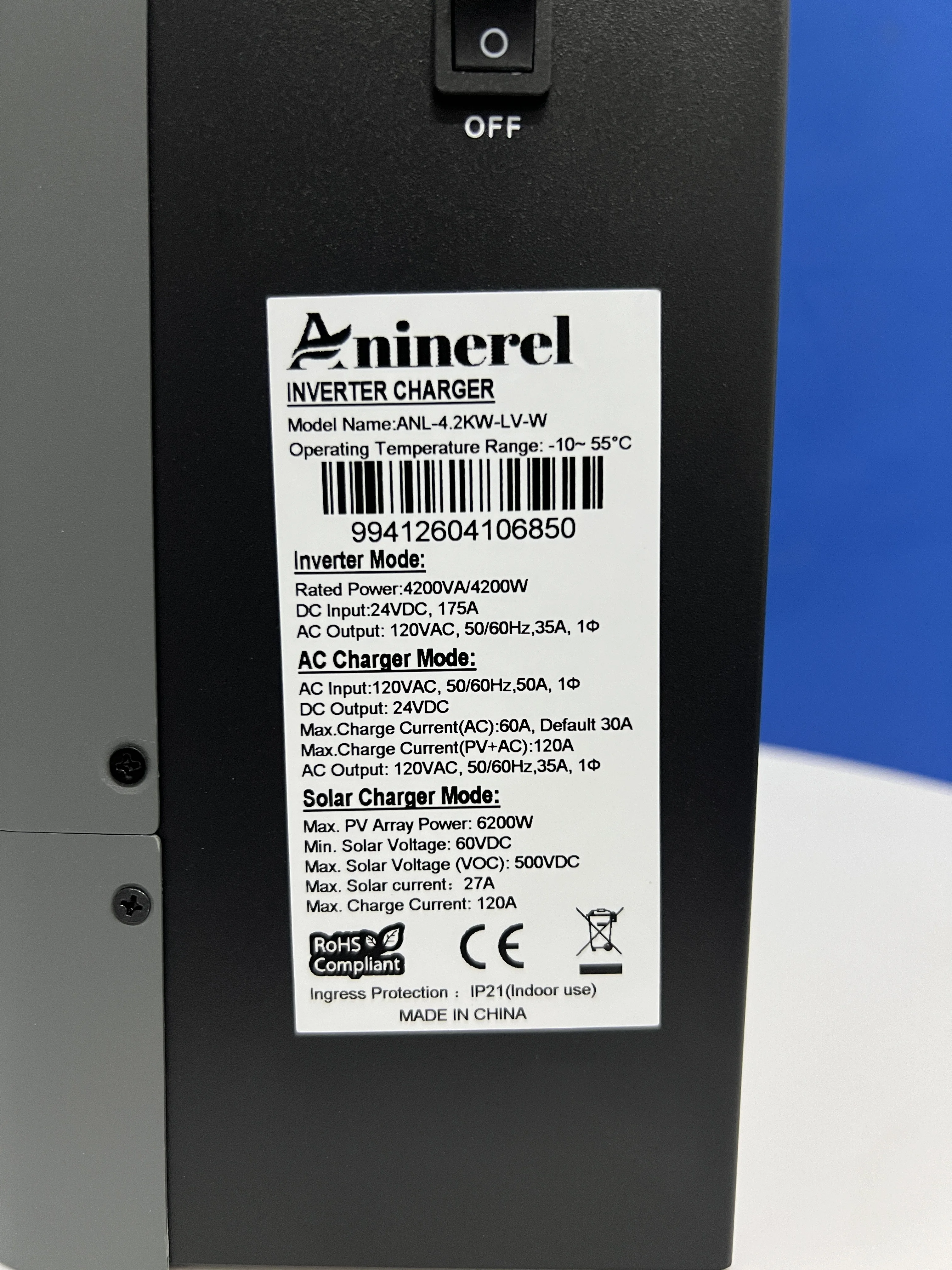 Aninerel 4.2kW/4200W 24V New Hybrid Solar Inverter, 120V Pure Sine Wave, 120A MPPT, 60-500V PV, 6200W Input, RS485