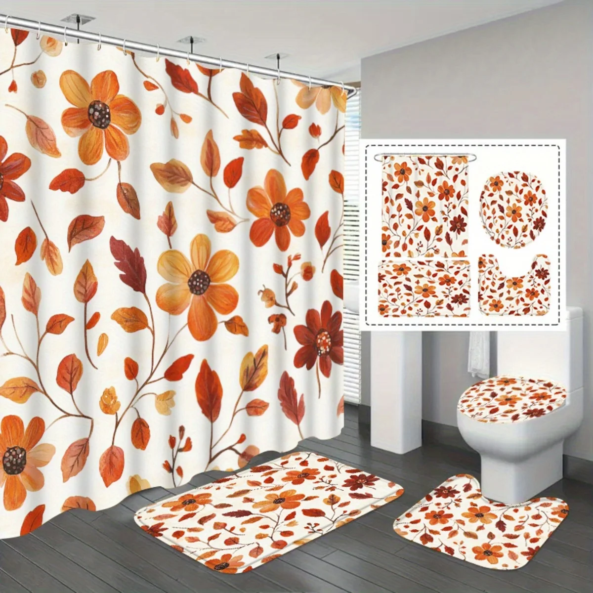 

Набор для ванной комнаты "Осенние листья" из 4 предметов включает коврик, U-образный коврик, чехол на сиденье унитаза, занавеску для душа и крючки.