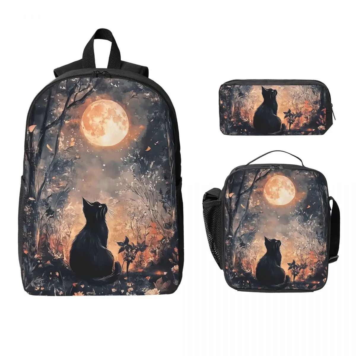 Dark Night Forest Black Cat Print Backpack Student BookBag School Bag Laptop Shoulder Bags 3ps Insulated Lunch Bag Pencil Case