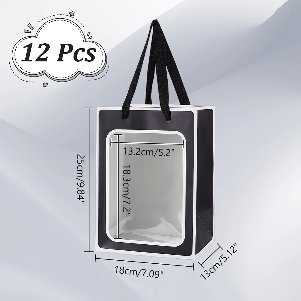 12 Pcs Paper Gift Bags with Transparent Window Kraft Paper Bags Shopping with Handle 7.09x5.12x9.84 Inch Black Favor Bags