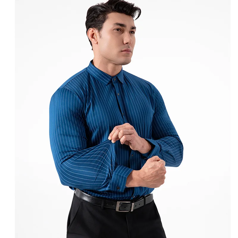 Novo elegante camisa listrada masculina manga longa negócios casual alta elasticidade primavera outono sem costura fácil de cuidar roupas masculinas macias