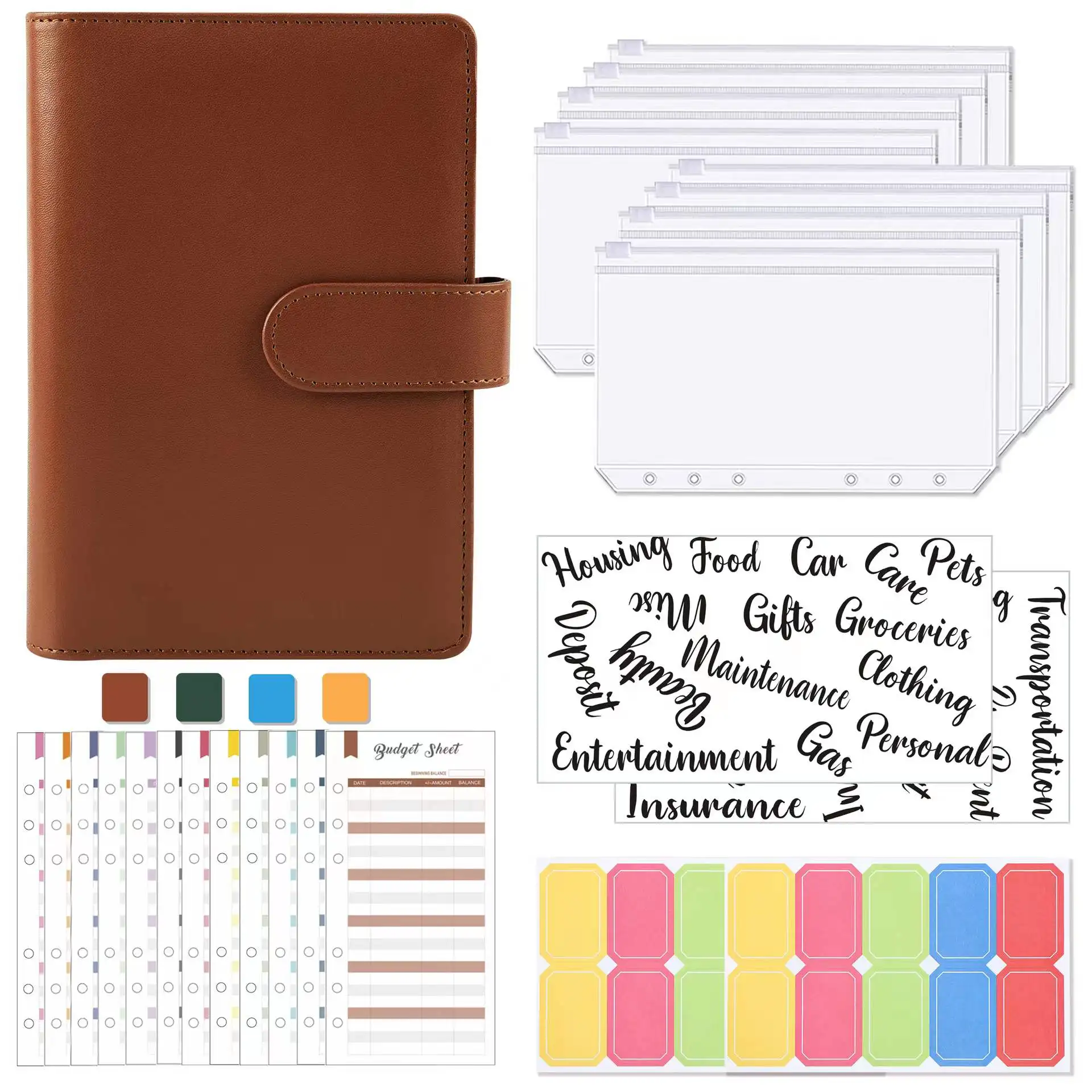 

A6 Budget Binder Cover with Zipper Envelopes for Money Expense Saving Planner Organizer Cash Bills Coupon, with Labels Stickers