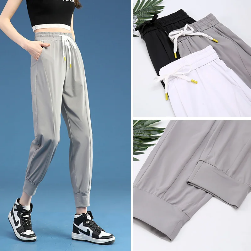 

Женские спортивные брюки Qui Dry: свободные, с манжетами, летние, тонкие, из ледяного шелка, повседневные, в стиле Харадзюку, с завышенной талией, длинные