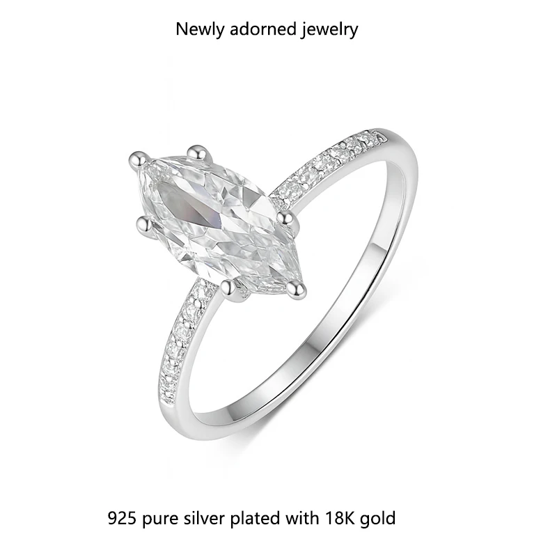 

S925 silver horse-eye shaped 2.0 carat moissanite ring, popular on independent online stores, simple and classic design, moissan