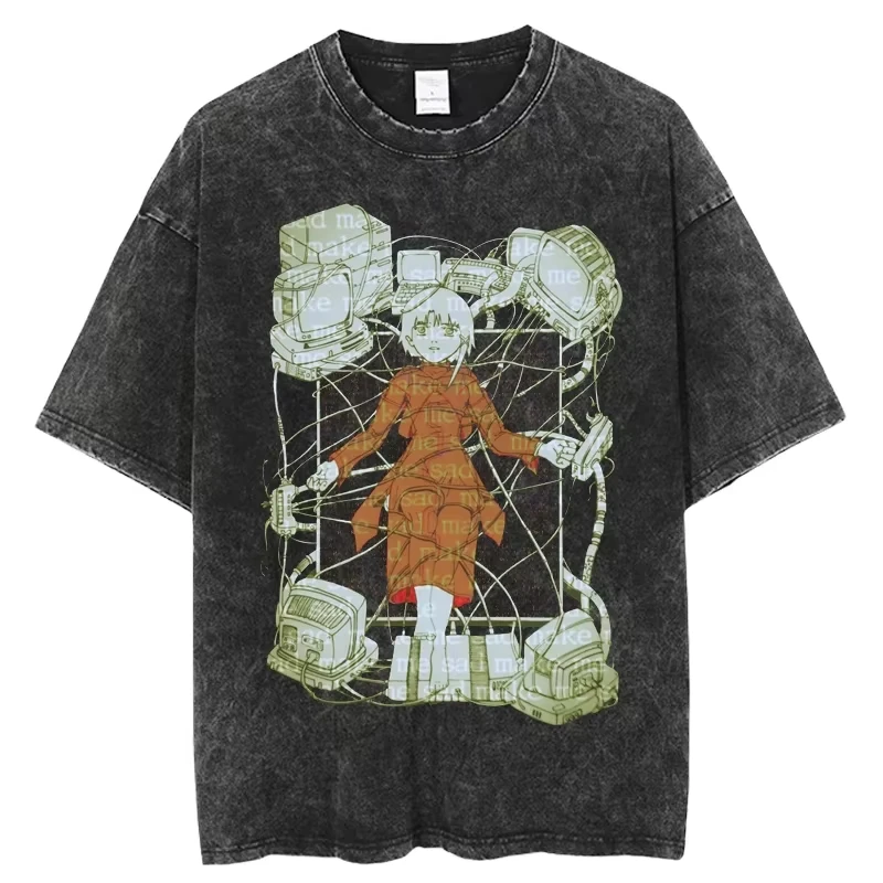 Camiseta Y2k de manga corta con cuello redondo para hombre, ropa nueva en camisetas, camiseta para hombre, experimentos en serie de Anime, Lain Vintage lavada