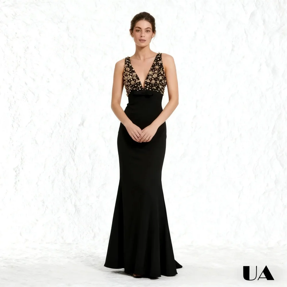 

Black Long Sheath Mermaid Prom Dress, Tailored Size V-neck Bow Detail Evening Dress, Elegent Sleeveless Gold Beads Party Gown