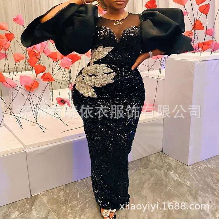 Vestidos largos negros de terciopelo con lentejuelas bordadas en el pecho, vestido de manga abombada con clase para mujer, fiesta de primavera y