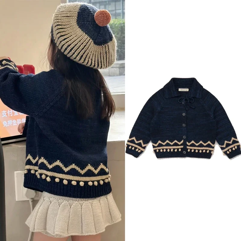 Knitted Sweater Misha Brand 2024 New Winter Kids Sweaters for Girls Cute Knit Cardigan Baby Children Cotton Outwear Clothing