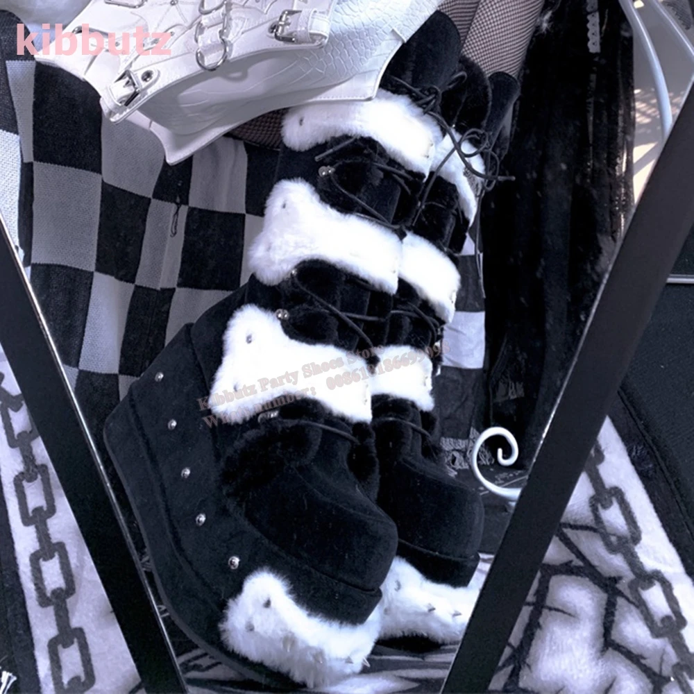 Furry Rivet Thick Bottom Boots Knee High Platform Square Toe Mixed Color Slip-On Fashion Elegant Concise Sexy Warm Winter Shoes