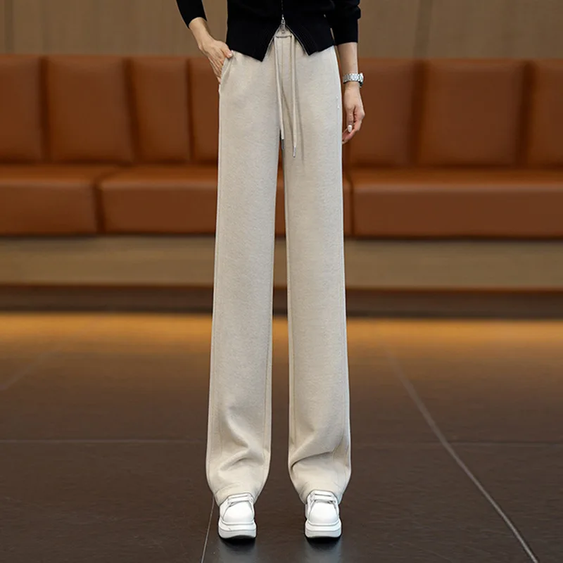 

Khaki Woolen Narrow Pants for Women, and Winter, Elegant Slim Fit Loose Slimming Straight Pants