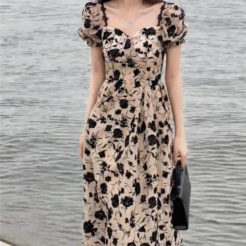 Dried Rose Hepburn Style Dress French High Waist Dress with Unique Design, Tea Break Floral Long Dress for Women