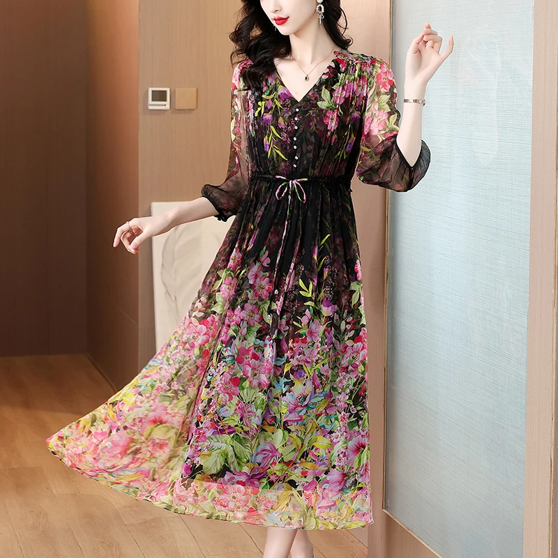 2024 Spring Summer Floral Silk Beach Maxi Sundress Women Boho Fashion Casual Light Dress Korean Elegant Luxury Festival Vestidos