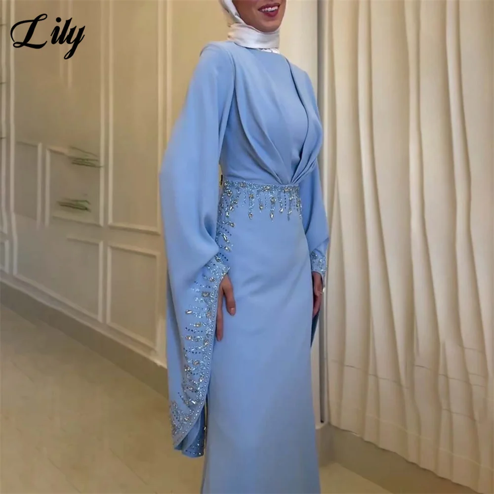 

Lily Sage Green Evening Dress Round Neck Off Shoulder Prom Dress Crystal Full Sleeve Party Formal Gown robe de bal Customized