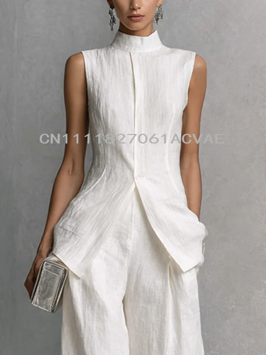 

Vintage Solid Cotton Linen Suit for Women Sleeveless Turtleneck Top & High Waist Pants Set New Spring Summer Button Loose Outfit