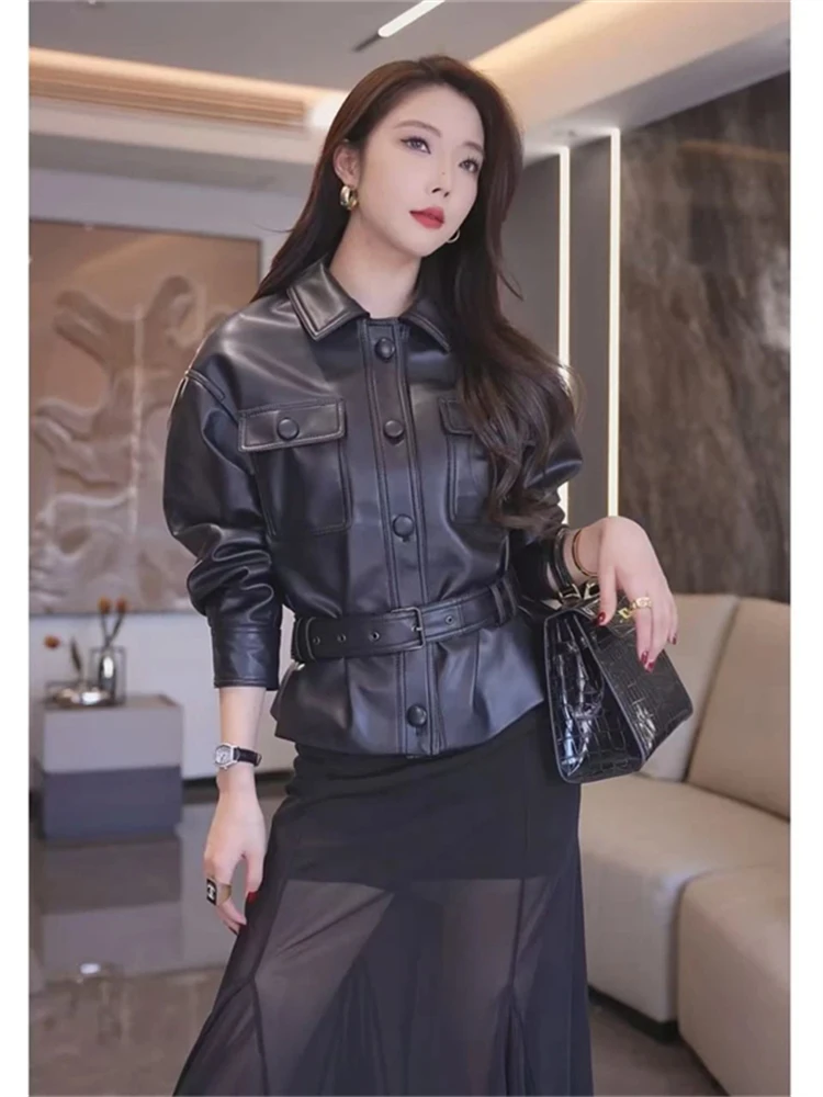 Sli Slim Fit Leather Jaet المرأة بارد و Ele الخصر مقصوص السائق Sle Faionable الخريف وصول جديد #3