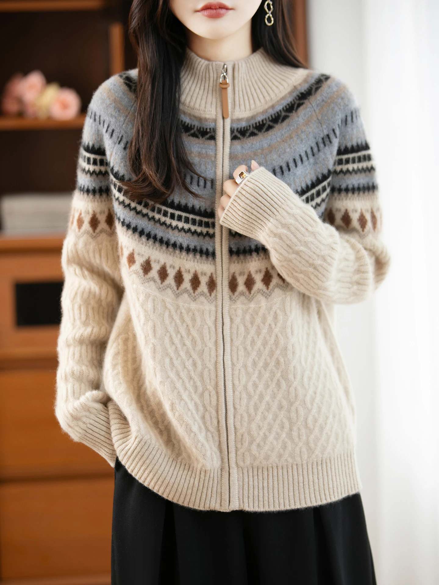 

New Women's 100% Merino Wool Sweater Autumn Winter Knitwear Retro Cardigan Long Sleeve Clothing Tops Cashmere Female Outerwear