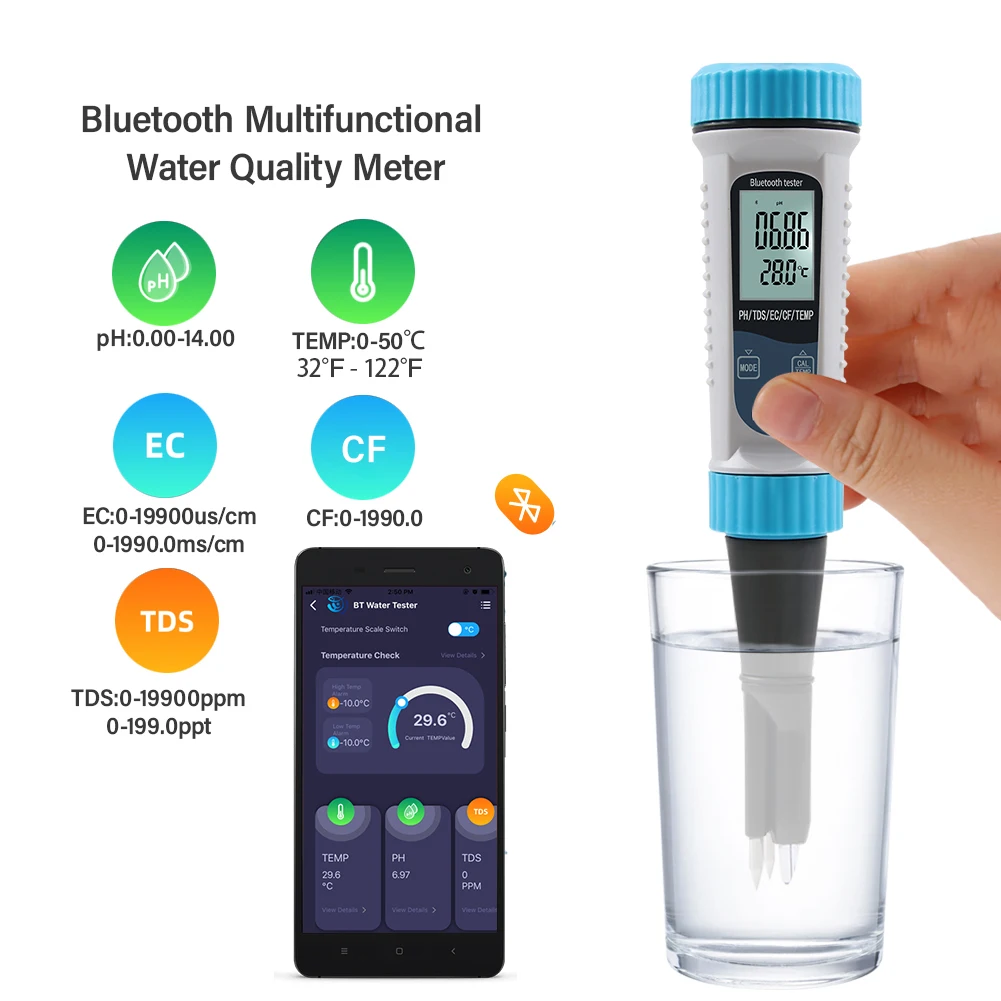 

Quality Digital BT PH Meter Water Analyzer Thermometer PH/EC/CF/Temp/TDS Meter APP Control for Drinking Water Pool Aquarium